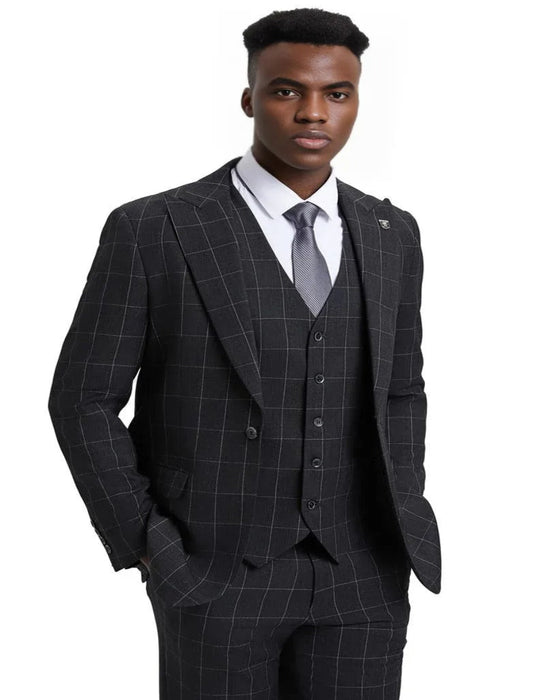 Men's Stacy Adams Vest Classic Bold Windowpane Charcoal Grey Suit