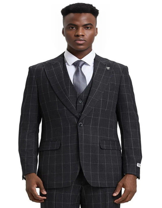 Men's Stacy Adams Vest Classic Bold Windowpane Charcoal Grey Suit