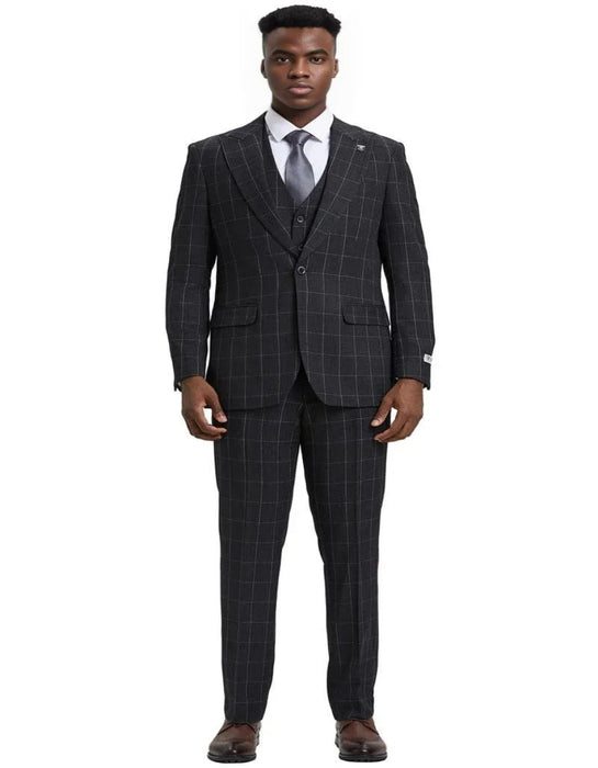 Men's Stacy Adams Vest Classic Bold Windowpane Charcoal Grey Suit