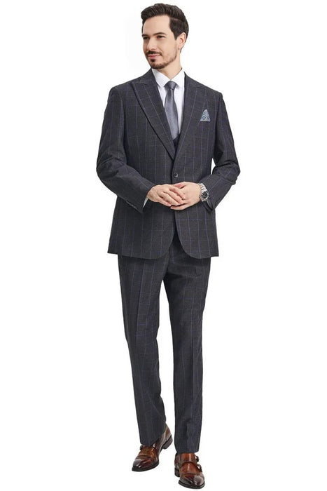 Men's Stacy Adams Peak Lapel Charcoal Grey Windowpane Dark Grey Suit