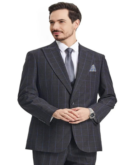 Men's Stacy Adams Peak Lapel Charcoal Grey Windowpane Dark Grey Suit