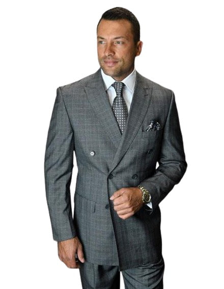 Mens Plaid ~ Windowpane Checker Mens Double Breasted Suits Jacket Suit (Blazer Sport Coat + Pants) Soft Light Weight Fabric