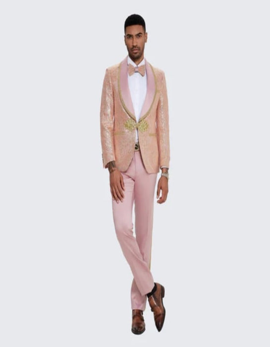 Men's Pink Tuxedo with Gold Textured Paisley Design- Wedding - Prom