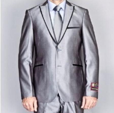 Men's Shiny Gray 2 Button Euro Slim Fit Suit Includes Matching Shirt and Tie