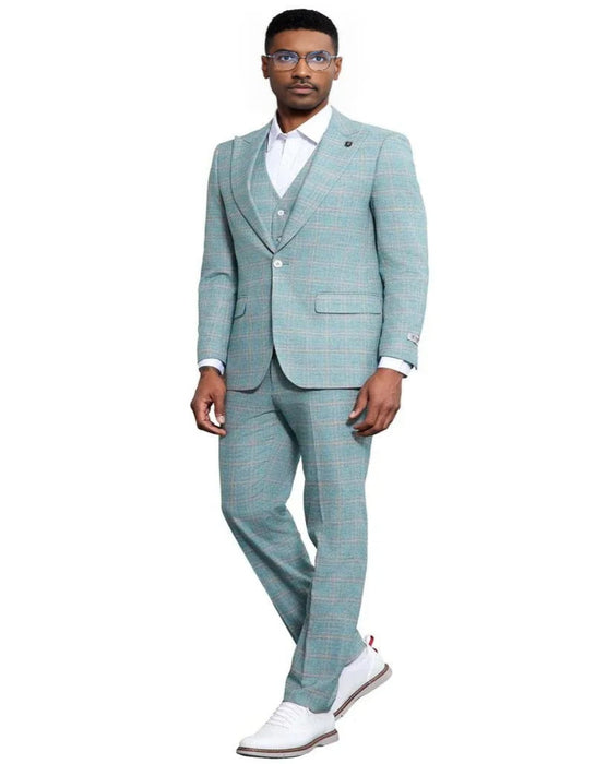 Men's Stacy Adams Vested Peak Lapel Light Turquoise Green Wedding Suit