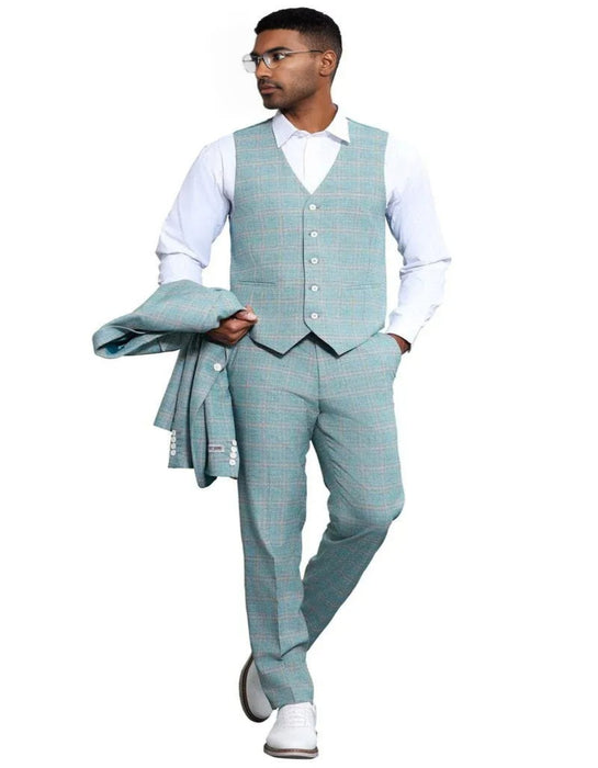 Men's Stacy Adams Vested Peak Lapel Light Turquoise Green Wedding Suit