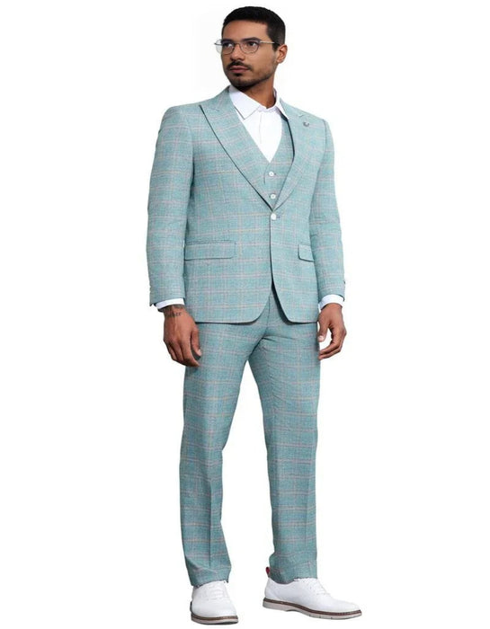 Men's Stacy Adams Vested Peak Lapel Light Turquoise Green Wedding Suit