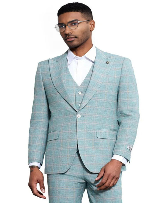 Men's Stacy Adams Vested Peak Lapel Light Turquoise Green Wedding Suit