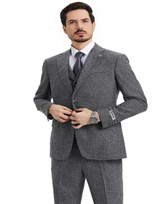 Men's Stacy Adams Vested Vintage Herringbone Tweed Grey Suit