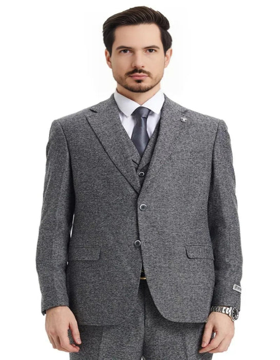 Men's Stacy Adams Vested Vintage Herringbone Tweed Grey Suit