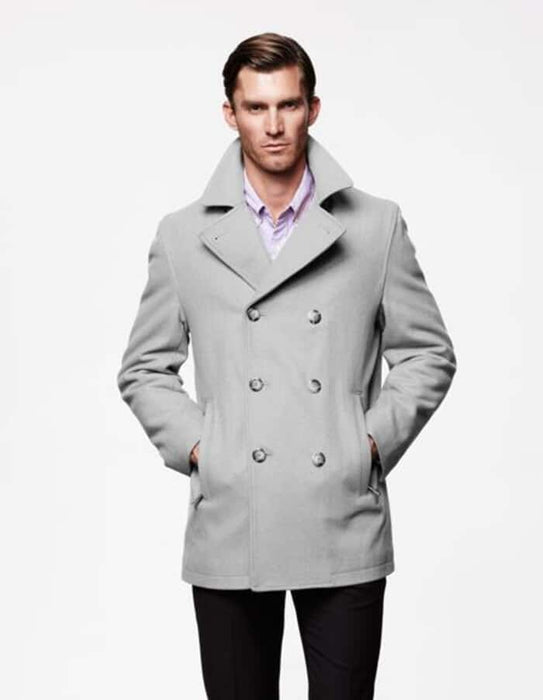 Men's Wool Peacoat - Double Breasted Light Grey Jacket