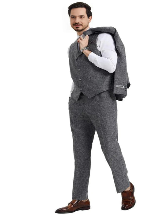 Men's Stacy Adams Vested Vintage Herringbone Tweed Grey Suit