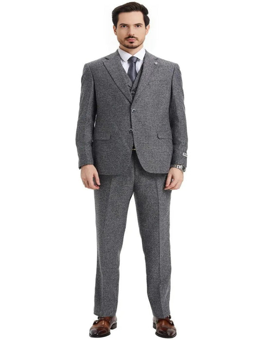 Men's Stacy Adams Vested Vintage Herringbone Tweed Grey Suit