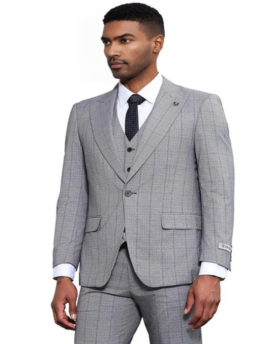 Men's Stacy Adams Modern Fit Vested Tonal Windowpane Plaid Light Grey Suit