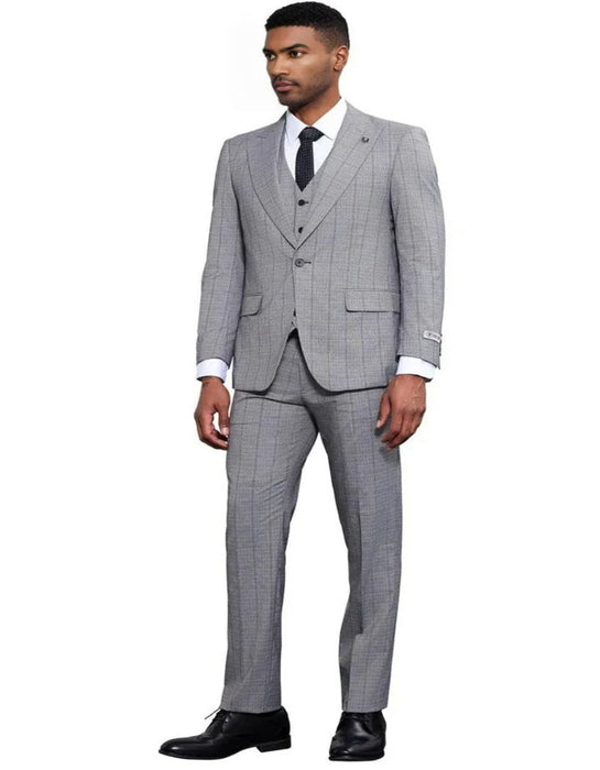 Men's Stacy Adams Modern Fit Vested Tonal Windowpane Plaid Light Grey Suit