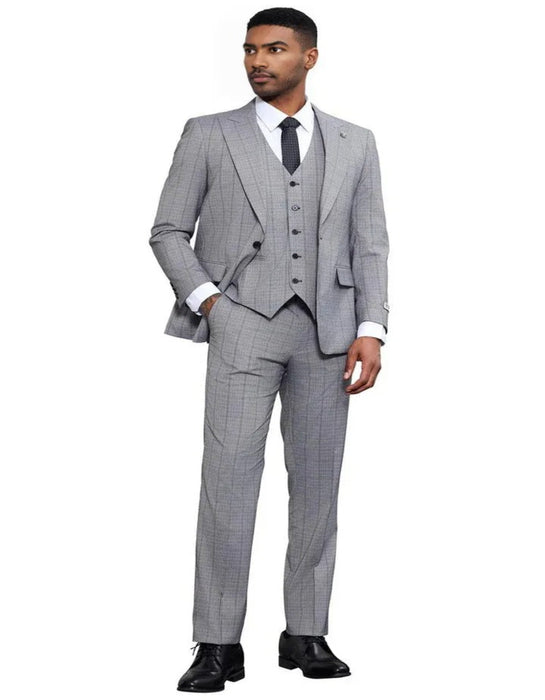 Men's Stacy Adams Modern Fit Vested Tonal Windowpane Plaid Light Grey Suit