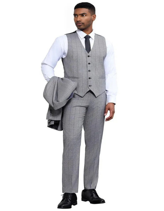 Men's Stacy Adams Modern Fit Vested Tonal Windowpane Plaid Light Grey Suit