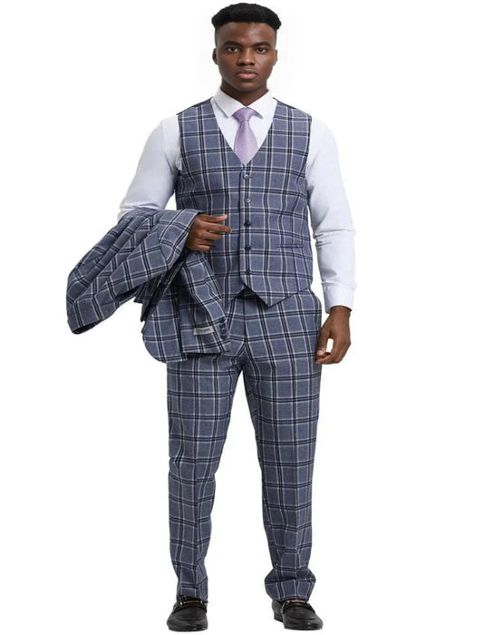 Men's Stacy Adams Two Button Vested Grey Plaid Suit