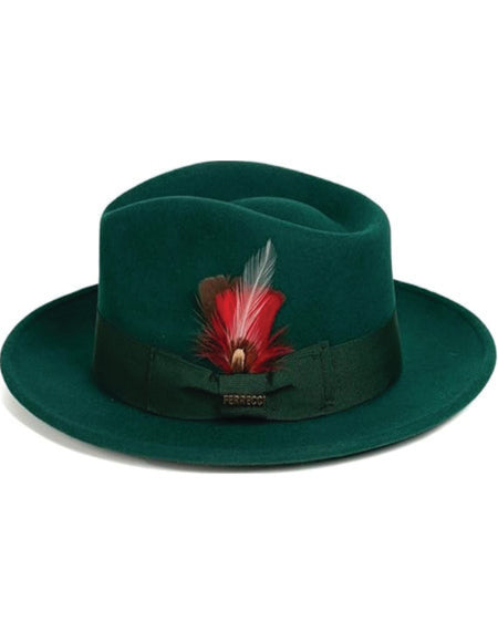 Gangster 100% Austrailian Wool Crushable Mens Fedora Hat - Removable Feather Gangster Hunter Green Mens Fedora Hat