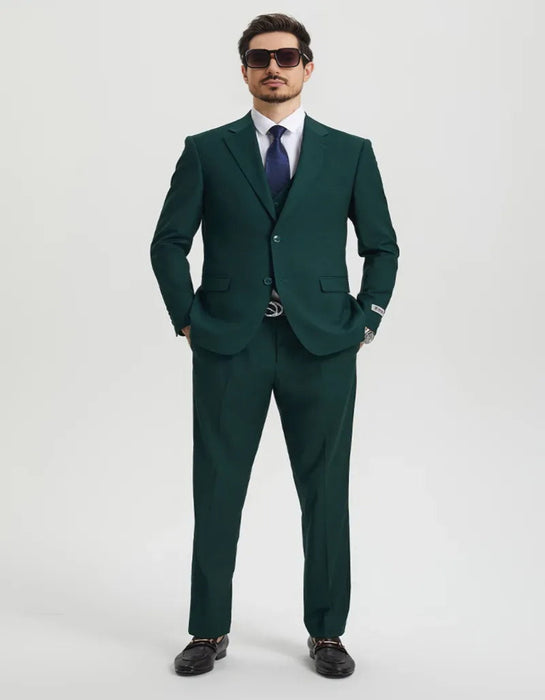 Men's Two Button Vested Stacy Adams Basic Designer Hunter Green Suit