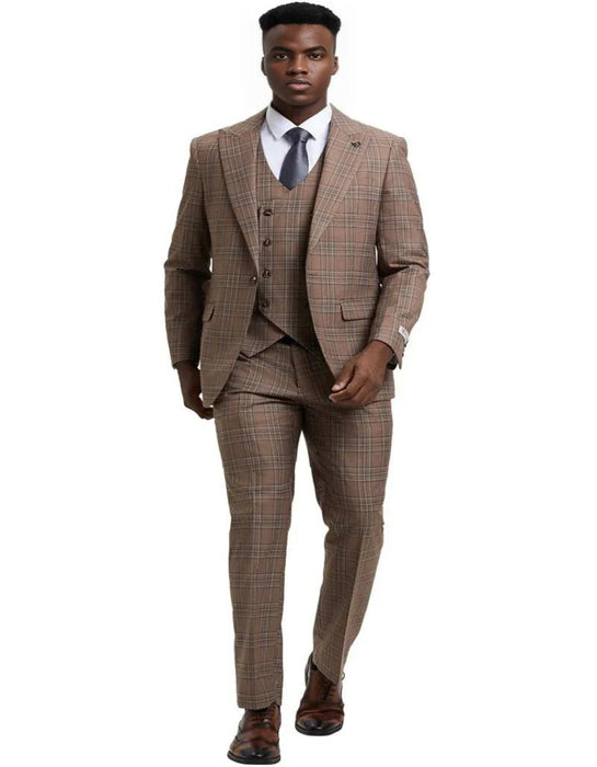 Men's Stacy Adams One Button Peak Lapel Double Breasted Light Brown Suit