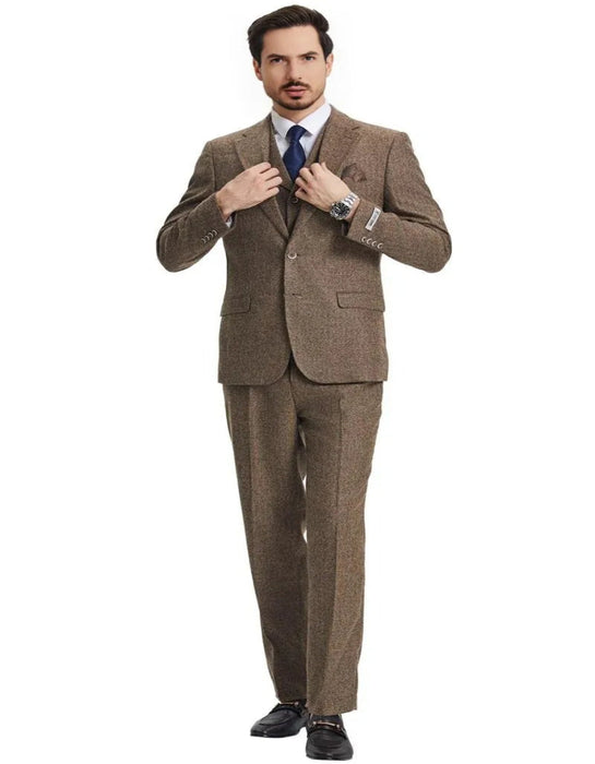 Men's Stacy Adams Vested Vintage Herringbone Tweed Light Brown Suit