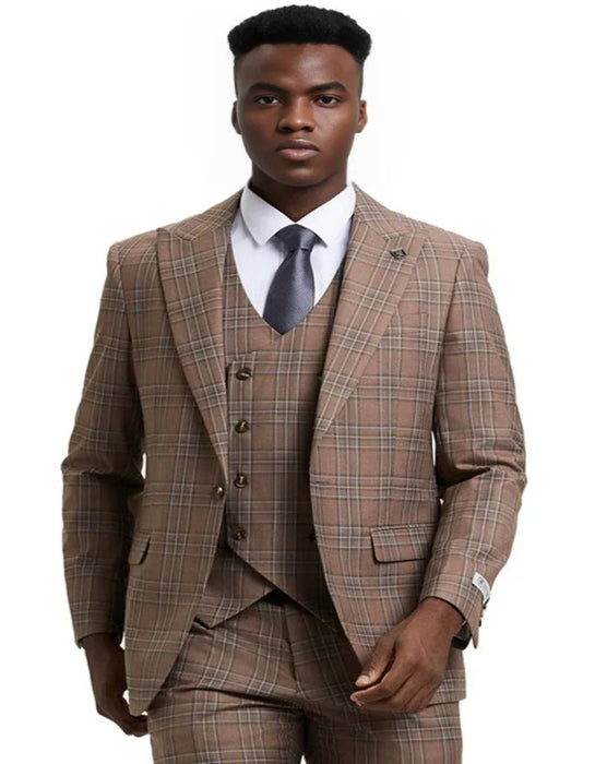 Men's Stacy Adams One Button Peak Lapel Double Breasted Light Brown Suit