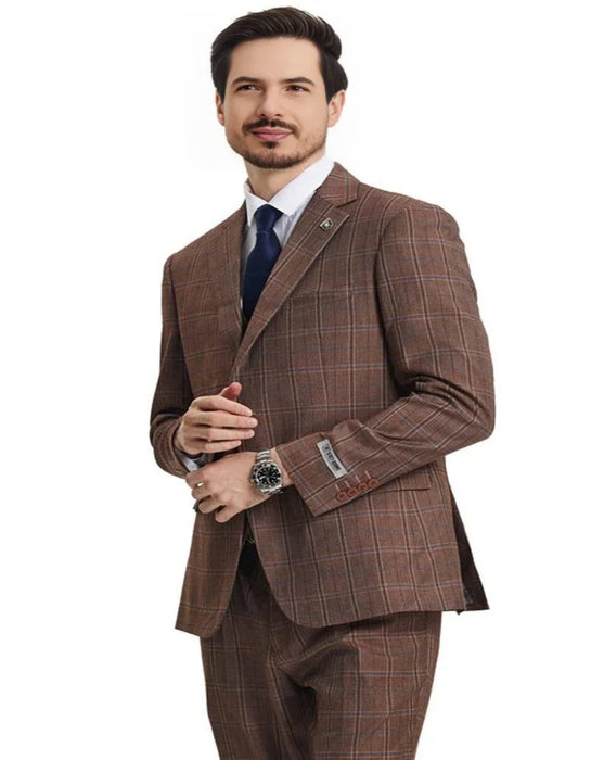 Men's Stacy Adams Vested Modern Fit Windowpane Light Brown Suit