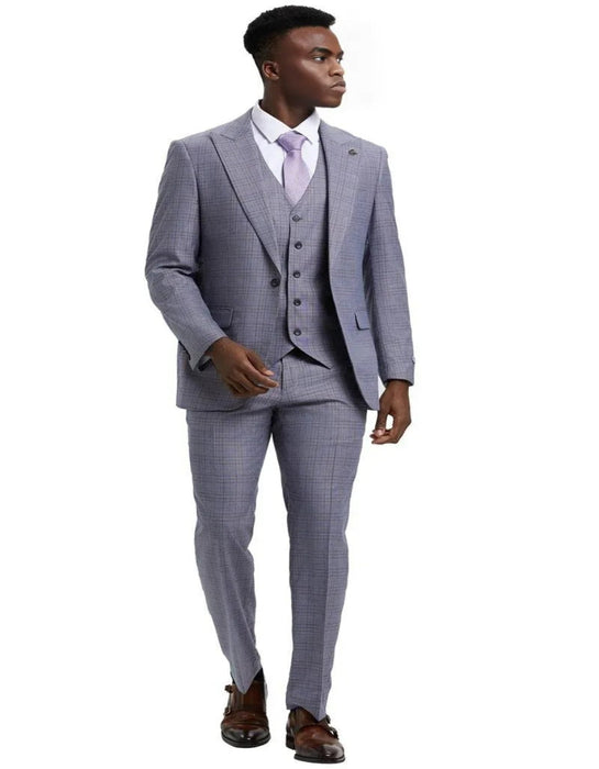 Men's Stacy Adams Vested One Button Wide Peak Lapel Windowpane Light Grey Suit