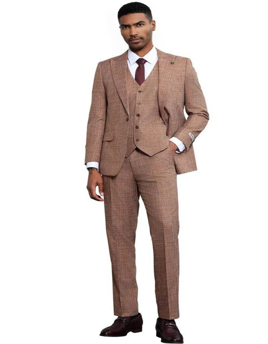 Men's Stacy Adams Vested Sharkskin Weave Pattern Light Rust Suit