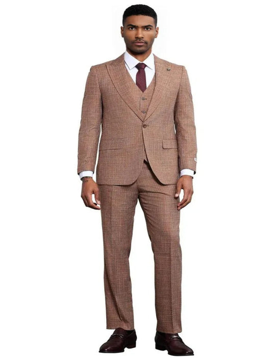 Men's Stacy Adams Vested Sharkskin Weave Pattern Light Rust Suit