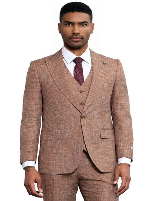 Men's Stacy Adams Vested Sharkskin Weave Pattern Light Rust Suit