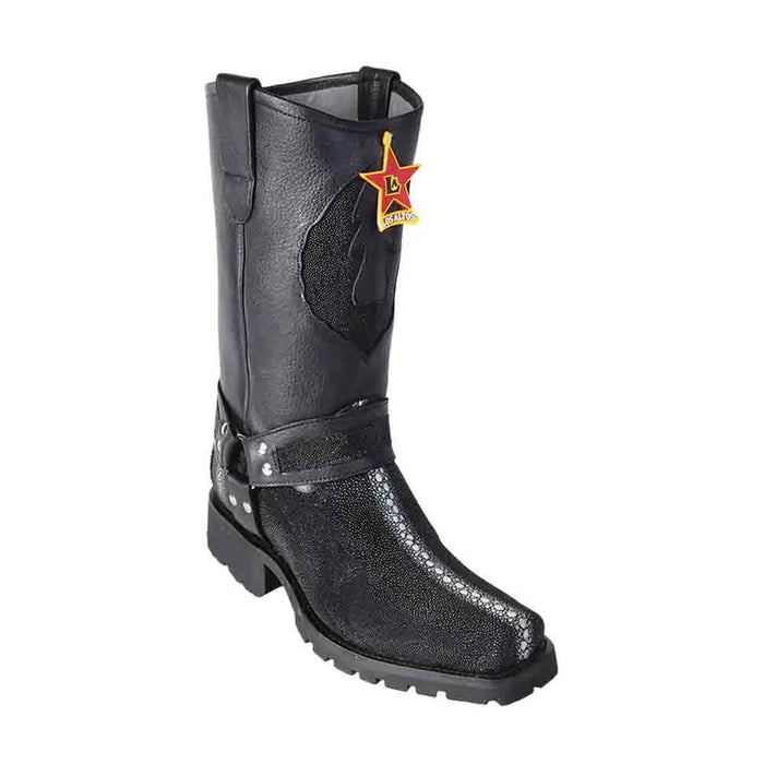 Men's Black Stingray Leather Motorcycle Boots - Los Altos Full Rowstone Biker