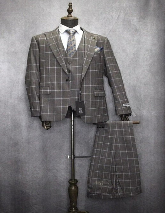 Mens One Button Peak Lapel Plaid Pattern Suit Tan ~ White ~ Blue