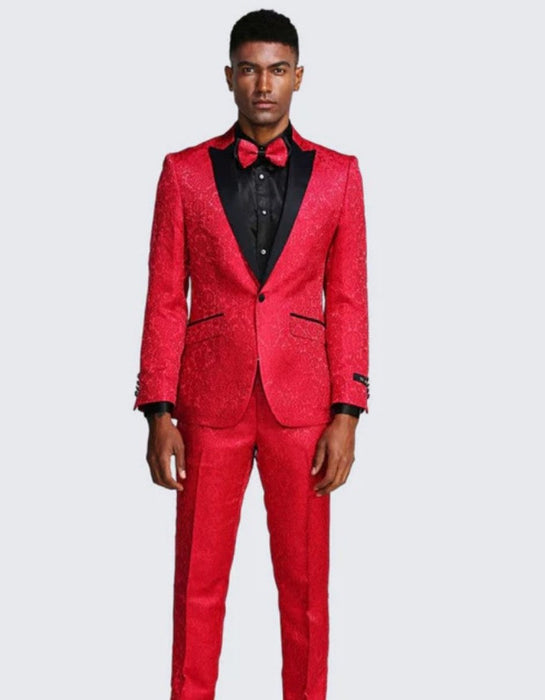 Red Paisley Slim Fit Tuxedo Three Piece Set - Wedding - Prom 2025