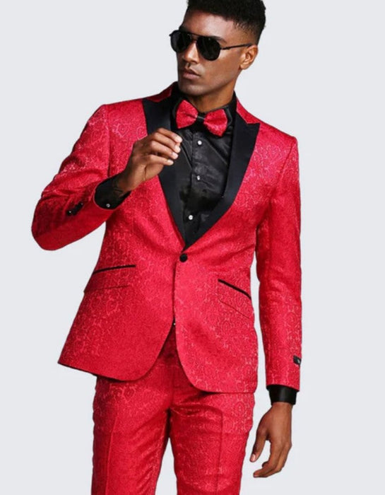 Red Paisley Slim Fit Tuxedo Three Piece Set - Wedding - Prom 2025