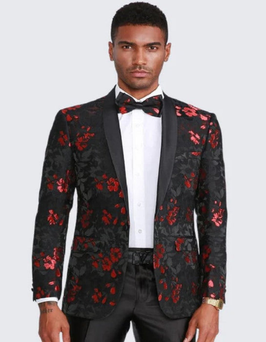 Red and Black Tuxedo Jacket One Button Floral Pattern Slim Fit - Wedding - Prom