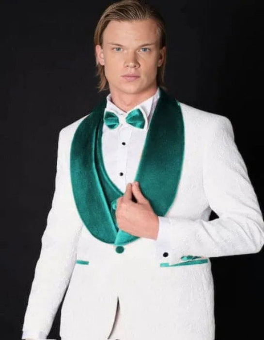 White and Teal Blue Lapel Tuxedo With Vest and Pants - Wedding Groom Suit