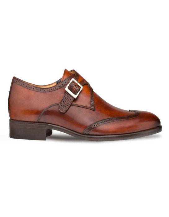 Mezlan Shoes Made in Spain - Mezlan Forest Cognac Calfskin Leather Menâ€™s Modern Wing Tip Monk Strap