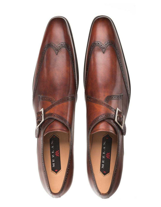 Mezlan Shoes Made in Spain - Mezlan Forest Cognac Calfskin Leather Menâ€™s Modern Wing Tip Monk Strap