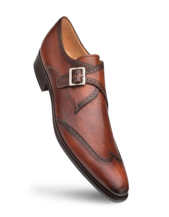 Mezlan Shoes Made in Spain - Mezlan Forest Cognac Calfskin Leather Menâ€™s Modern Wing Tip Monk Strap