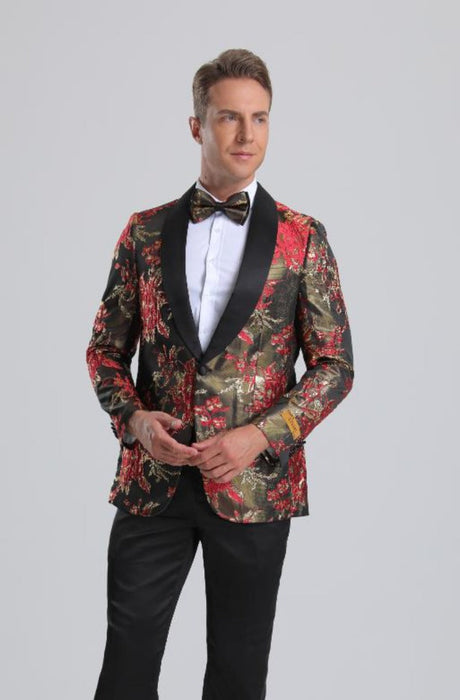 Men's Red & Gold Floral Paisley Prom Tuxedo Jacket - 60 Days Delviery