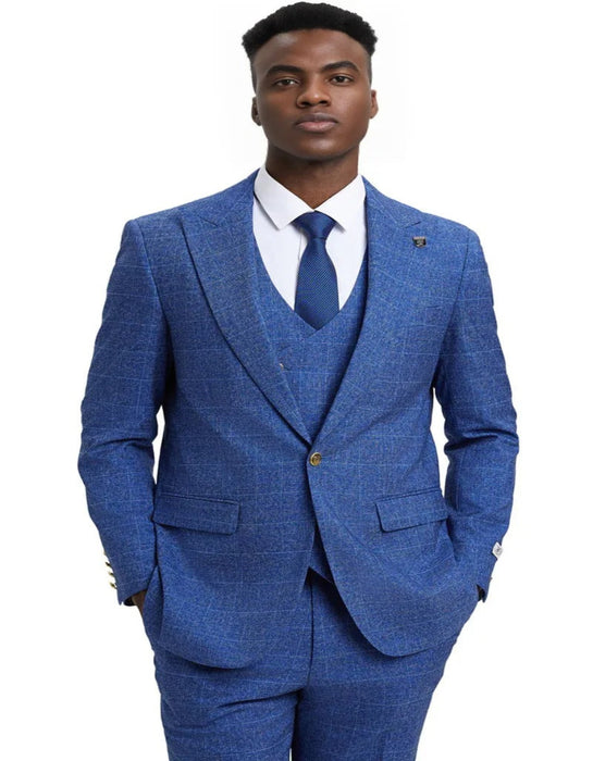 Men's Stacy Adam's One Button Vested Peak Lapel Business Suit in Navy Blue Plaid