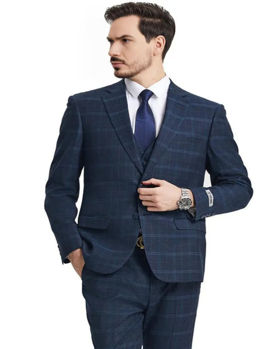 Men's Stacy Adams Vested Modern Fit Windowpane Plaid Navy Blue Suit