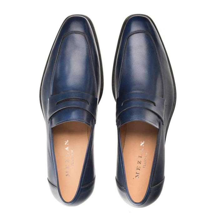 Mezlan Shoes Made in Spain - Mezlan Navy Burnished Calfskin Penny Loafer