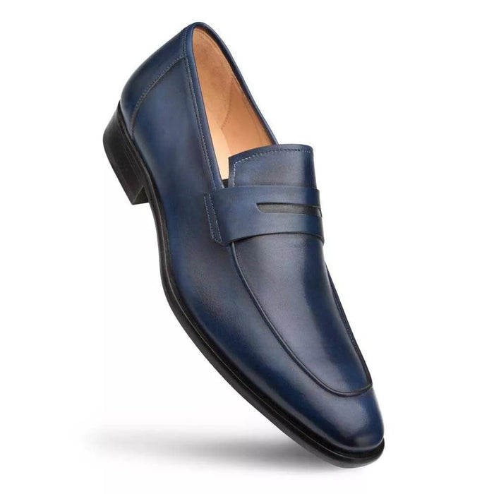 Mezlan Shoes Made in Spain - Mezlan Navy Burnished Calfskin Penny Loafer