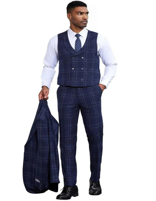 Men's Stacy Adams Vested Two Button Double Windowpane Plaid Navy Suit