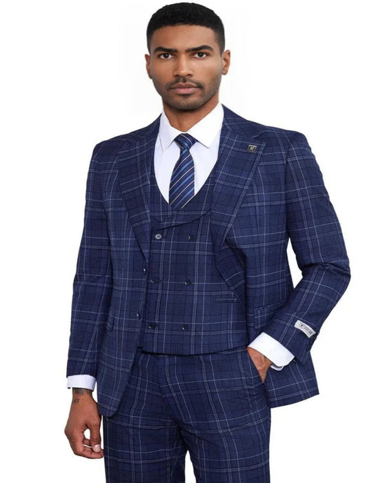 Men's Stacy Adams Vested Two Button Double Windowpane Plaid Navy Suit