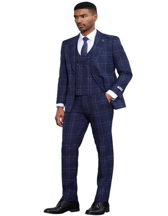 Men's Stacy Adams Vested Two Button Double Windowpane Plaid Navy Suit