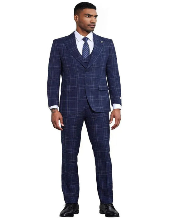 Men's Stacy Adams Vested Two Button Double Windowpane Plaid Navy Suit